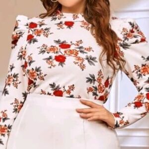 Plus size White Mock Neck floral Long puff sleeve blouse